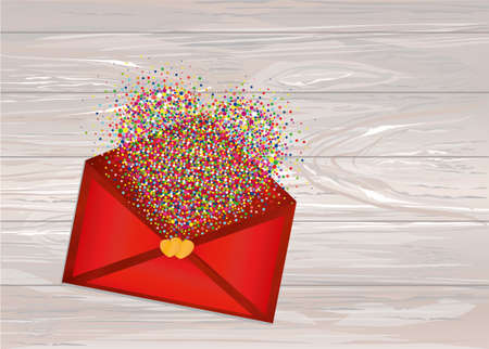 A multicolored confetti in the shape of a heart flies out of the envelope. A greeting card or an invitation to a holiday. St. Valentine's Day. Vector on wooden background.のイラスト素材