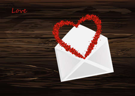 A multicolored confetti in the shape of a heart flies out of the envelope. A greeting card or an invitation to a holiday. St. Valentine's Day. Vector on wooden background.のイラスト素材