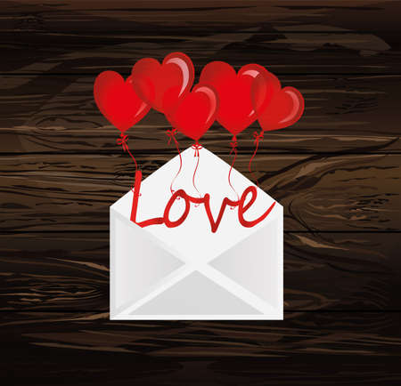 Letters of love on the balls in the form of a heart fly out of the envelope. Greeting card or invitation for a holiday. Vector on wooden background. Copy space for text.のイラスト素材