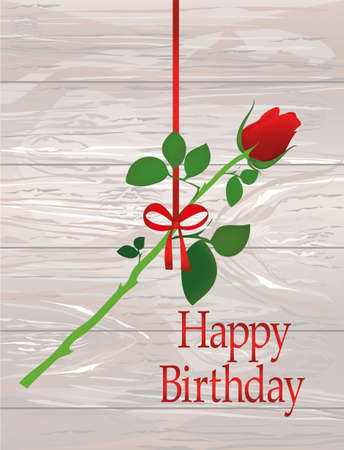 A rose flower is hanging on a red ribbon with a bow. Greeting card or invitation for a holiday. Empty place for text or advertising. Vector on wooden background.のイラスト素材