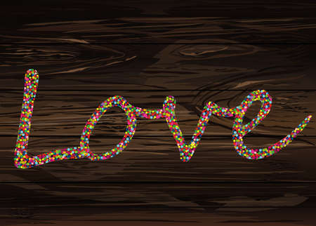 Colorful confetti in the word love. Lined of letters. Greeting card for Valentine's Day. Vector on wooden background.のイラスト素材