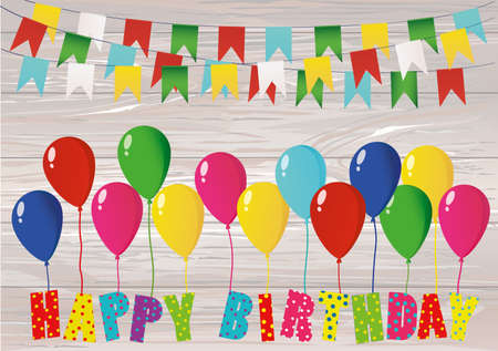 Colorful letters happy birthday on balloons. Rainbow garland of flags. Greeting card or invitation for a holiday. Vector on wooden background. Empty space for text.のイラスト素材