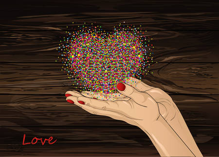From open palms fly multi-colored confetti in the form of heart. Greeting card. Vector illustration on wooden background. Empty space for text labels and advertising.のイラスト素材