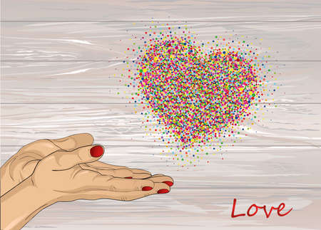 From open palms fly multi-colored confetti in the form of heart. Greeting card. Vector illustration on wooden background. Empty space for text labels and advertising.のイラスト素材