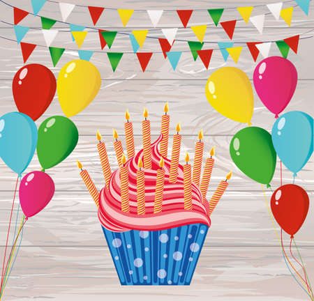 Multicolored cupcakes with letters and words happy birthday.Colorfull balloons. Greeting card or invitation. Vector on wooden background. Free space for text or advertising.のイラスト素材