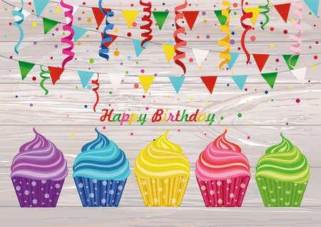 Multicolored cupcakes with letters and words with a birthday. Garland with flags and confetti. Greeting card or invitation. Vector on wooden background. Free space for text or advertising.のイラスト素材