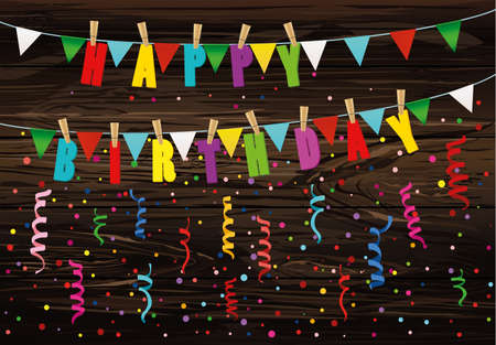 The letters of Happy Birthday hang on clothespins on a rope. Garland of a flag and colorful confetti. Vector on wooden background. Postcard or invitation for a holiday.のイラスト素材