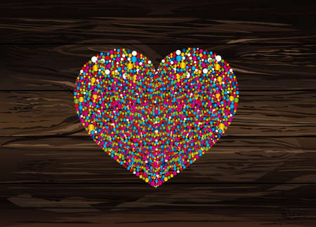 Multicolored rainbow confetti in the shape of a heart. Vector on wooden background. Love. Postcard or invitation for a holiday. Valentine's Day.のイラスト素材