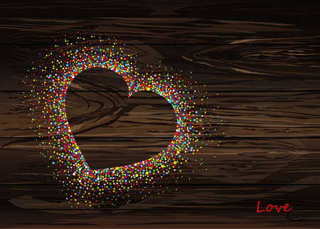 Multicolored rainbow confetti in the shape of a heart. Vector on wooden background. Love. Postcard or invitation for a holiday. Valentine's Day.のイラスト素材