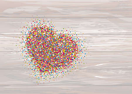 Multicolored rainbow confetti in the shape of a heart. Vector on wooden background. Love. Postcard or invitation for a holiday. Valentine's Day.のイラスト素材