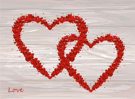 The composition of two red hearts. Valentine's Day. Greeting card. Vector illustration on wooden background. Love.のイラスト素材