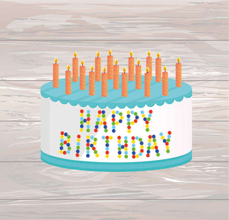 Festive big cake. Happy Birthday. Greeting card or invitation for a holiday. Vector on wooden...