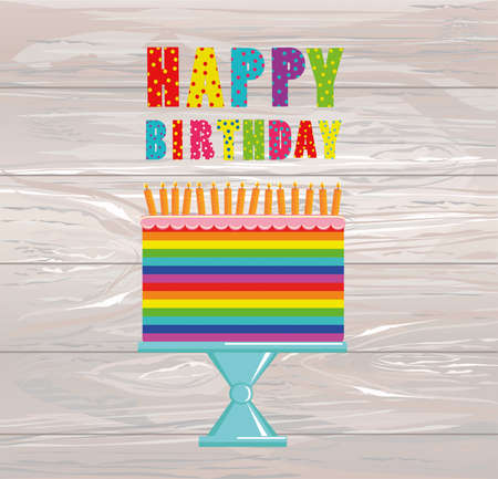 A festive multicolored and iridescent big cake with candles on a stand. Happy Birthday. Greeting card or invitation for a holiday. Vector on wooden background.のイラスト素材