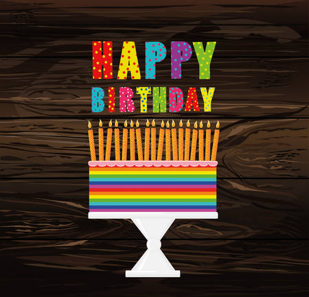 A festive multicolored and iridescent big cake with candles on a stand. Happy Birthday. Greeting card or invitation for a holiday. Vector on wooden background.のイラスト素材