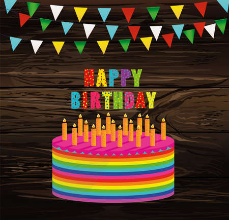Festive colorful rainbow and a big cake with candles. Happy Birthday. Greeting card or invitation for a holiday. Vector on wooden background.のイラスト素材
