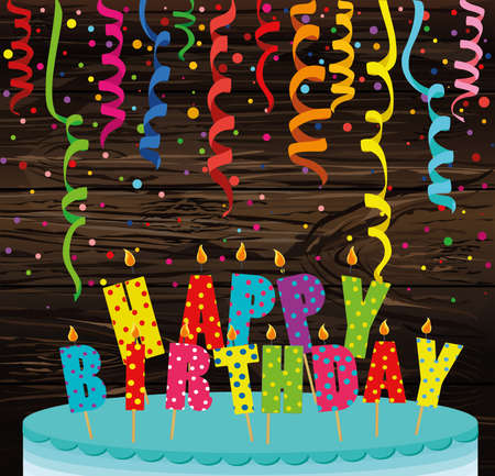 A festive big cake with candles. Letters Happy Birthday. Colorful Confetti . Greeting card or invitation for a holiday.のイラスト素材