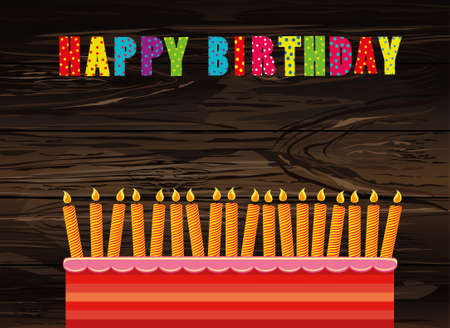 A festive big cake with candles. Words Happy Birthday. Greeting card or invitation for a holiday. Vector on wooden background.のイラスト素材