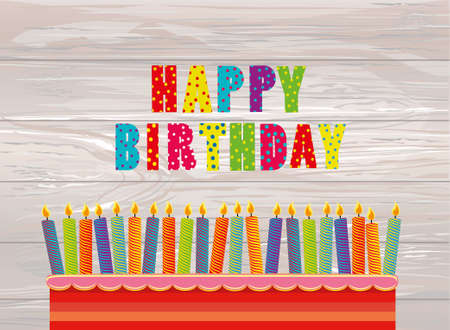 A festive big cake with candles. Words Happy Birthday. Greeting card or invitation for a holiday. Vector on wooden background.のイラスト素材