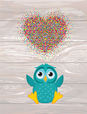 A happy owl throws a multicolored confetti in the shape of a heart with wings.のイラスト素材