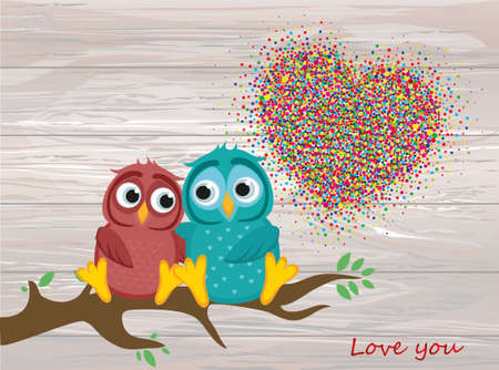 A pair of lovely owls in love, sit on a branch. Colorful confetti in the shape of heart. Greeting card for Valentine's Day and invitation to the wedding. Vector on wooden background.のイラスト素材