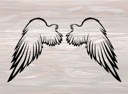 Wings. Vector illustration on wooden background. Black and white style. Linocut.のイラスト素材