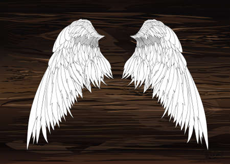Wings. Vector illustration on wooden background. Black and white style.のイラスト素材