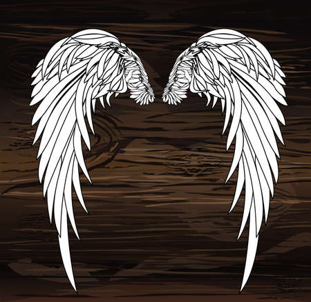 Wings. Vector illustration on wooden background. Black and white style.のイラスト素材