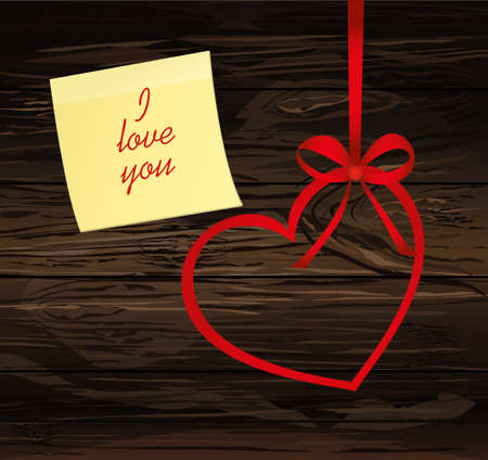 A ribbon in the shape of a heart. Yellow sheet of paper for notes.のイラスト素材