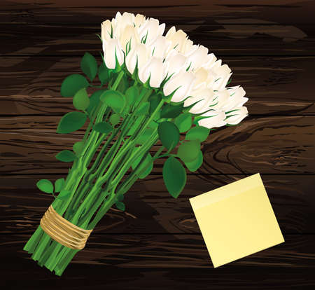 Bouquet of white flowers. Empty Yellow sheet of paper for notes. Sticker. Empty space for your ad or inscriptions or messages. Valentine's wedding and birthday. Vector illustration on a wooden background.のイラスト素材