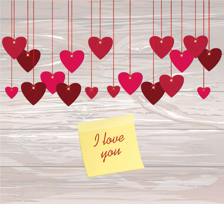 Red hearts hanging with Yellow sheet of paper and text I love youのイラスト素材