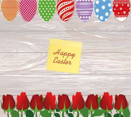 Painted Easter eggs with a pattern. Beautiful red flowers. Roses. Yellow sheet of paper for notes. Sticker. Greeting card. Free place. Vector on wooden background.のイラスト素材