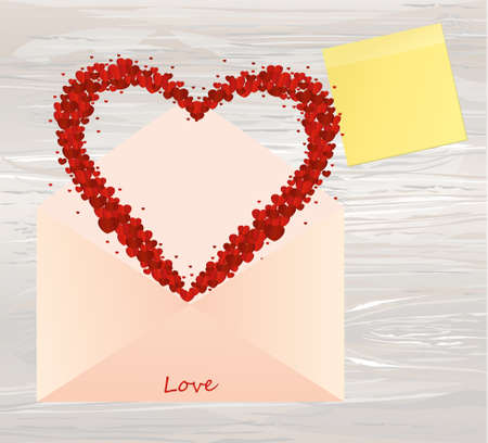 A multicolored confetti in the shape of a heart flies out of the envelope. Empty Yellow sheet of paper for notes. Sticker. A greeting card or an invitation to a holiday. St. Valentine's Day. Vector on wooden back.のイラスト素材