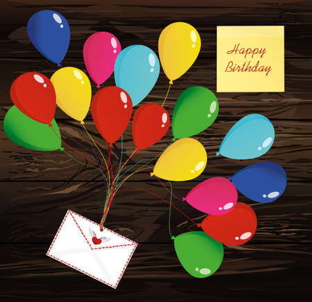 Air multicolored balloons lift up an envelope or letter with hearts. Yellow sheet of paper for notes. Sticker. Vector on wooden background. Greeting card or invitation for a holiday.のイラスト素材