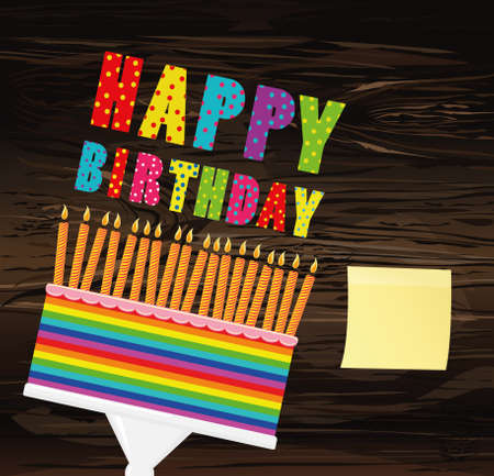 A festive multicolored and iridescent big cake with candles on a stand.  Empty Yellow sheet of paper for notes. Sticker. Happy Birthday. Greeting card or invitation for a holiday. Vector on wooden background.のイラスト素材
