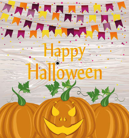 Halloween Carnival with flags Garlands and pumpkins. Vector. The concept of an invitation to a party in traditional colors. Illustration on wooden background.のイラスト素材