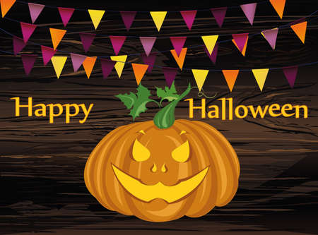 Halloween Carnival with flags Garlands. Vector. The concept of an invitation to a party in traditional colors. Illustration on wooden background.のイラスト素材