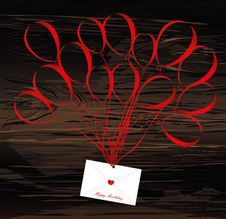 Air multicolored balloons lift up an envelope or letter with hearts. Valentine's Day. Love. Vector on wooden background. Greeting card or invitation for a holiday.のイラスト素材