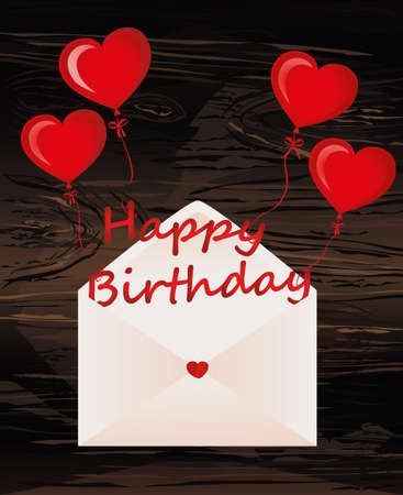 Letters of happy birthday on the balls in the form of a heart fly out of the envelope. Greeting card or invitation for a holiday. Vector on wooden background. Copy space for text.のイラスト素材