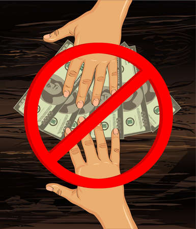 Corruption.The hand gives money in dollars. Takes a bribe. Vector wooden background.のイラスト素材