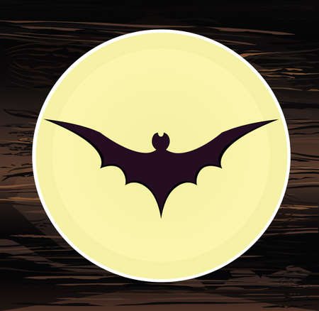 Halloween. The black silhouette of the bat is flying. Vector illustration on wooden background.のイラスト素材