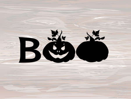 Halloween message Boo from pumpkins! Vector on wooden bacground. Words for invitations to a party or greeting card.のイラスト素材