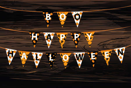 Carnival for holiday with flags of Garland. Festive pattern.  Letters Boo Happy Halloween. Vector on wooden background. The concept of an invitation to a party.のイラスト素材