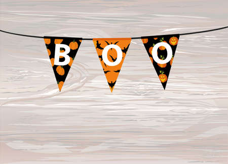 Carnival for holiday with flags of Garland. Festive pattern.  Letters Boo Happy Halloween. Vector on wooden background. The concept of an invitation to a party.のイラスト素材