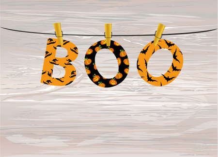 The letters and the inscription of a boo Halloween hang on clothespins on a rope or string. Vector on wooden background. Festive garland. Greeting card or invitation to a party.のイラスト素材