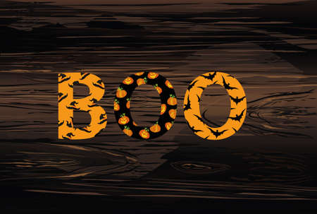 Halloween message Boo.  Vector on wooden background. Words for invitations to a party or greeting card.  Witch hat pattern and a bat.のイラスト素材