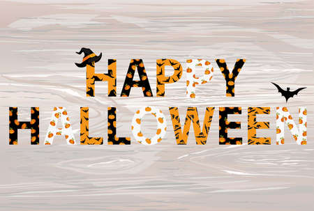 Happy Halloween lettering. Vector on wooden background. Words for invitations to a party or a birthday greeting card.  Witch hat pattern and a bat.のイラスト素材