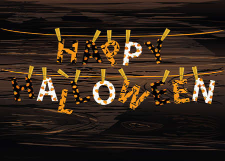 The letters and the inscription of a happy Halloween hang on clothespins on a rope or string. Vector on wooden background. Festive garland. Greeting card or invitation to a party.のイラスト素材