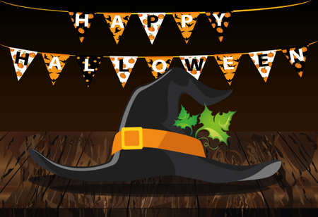 Carnival for the holiday with the flags of Garland and the hat of the witch. Festive drawing. Letters Happy Halloween. Vector on wooden background. The concept of an invitation to a party.のイラスト素材