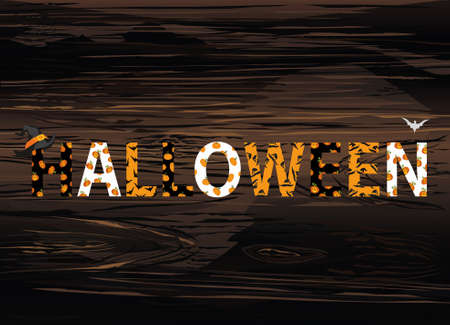 Happy Halloween lettering. Vector on wooden background. Words for invitations to a party or a birthday greeting card.  Witch hat pattern and a bat.のイラスト素材