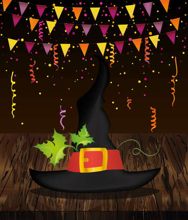 Halloween. Witch hat and garland of flags and confetti. Vector on wooden background. Greeting card or invitation for a party and a party.のイラスト素材